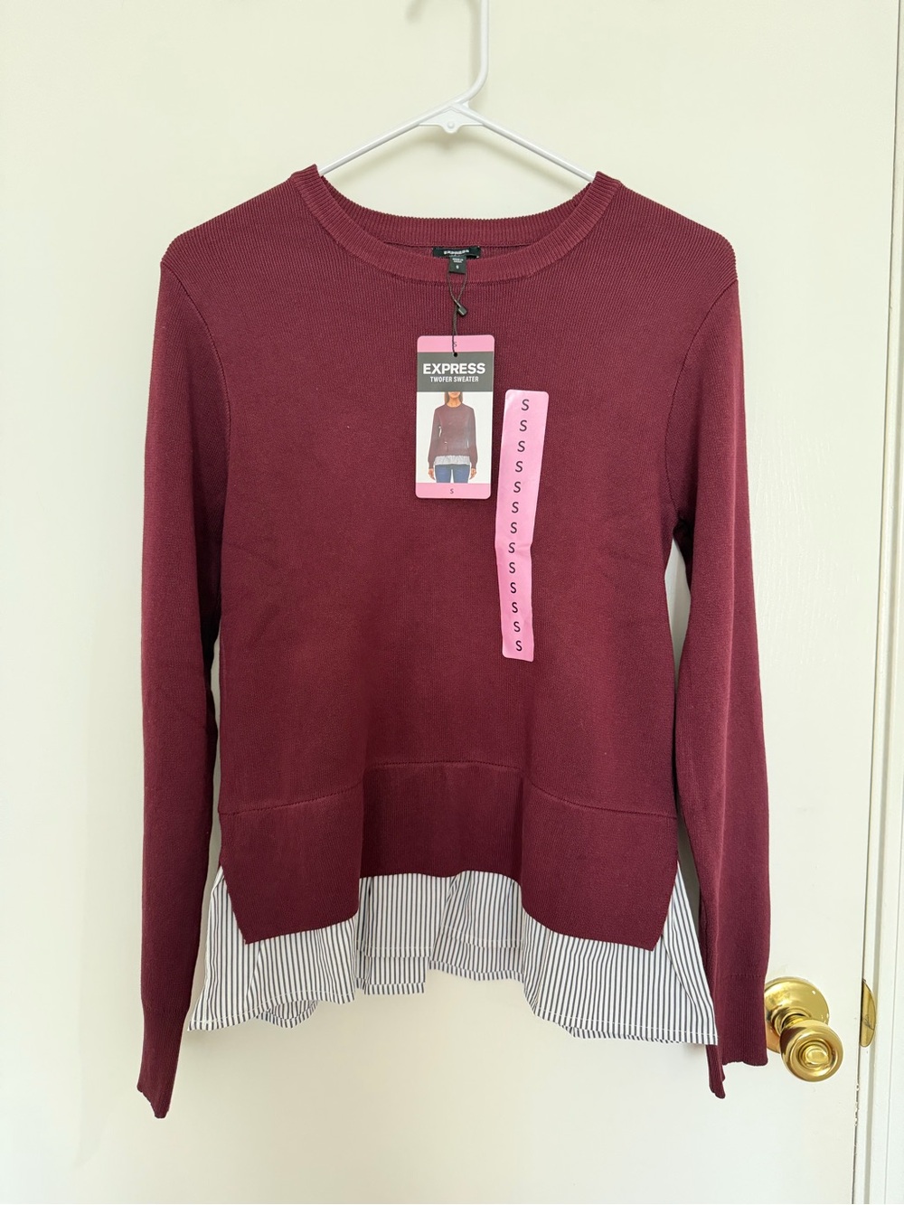 Express Women's Burgundy Crewneck Sweatshirt with Striped Shirttail